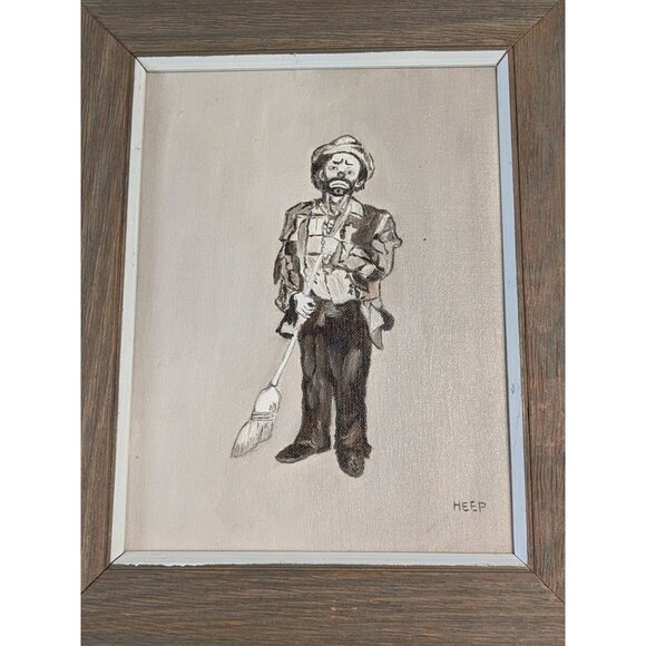 Oil Painting "The Clown" Heep Rustic Wood Frame Greenwich Village 1967 moody sad - Picture 1 of 16